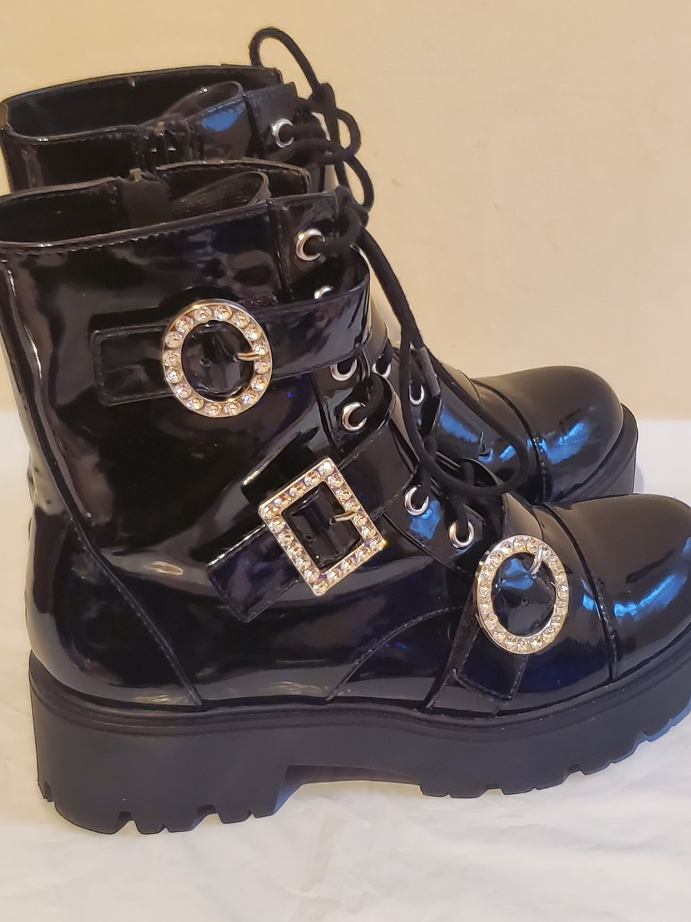 Patent Black Combat Boots with Crystal Buckles - Women